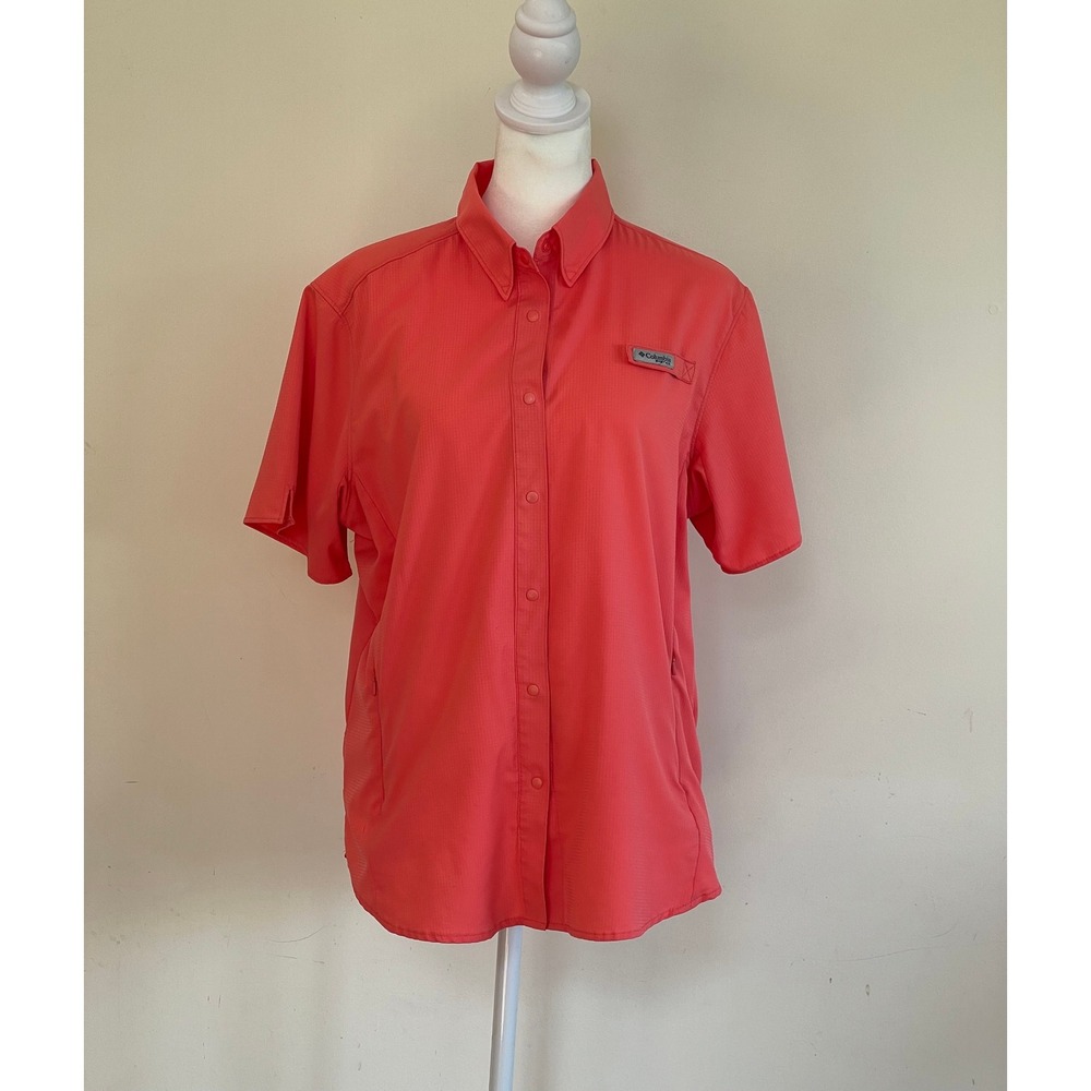 Columbia PFG Womens Short Sleeve Fishing Shirt Coral Pink Omni-Shade Vented L